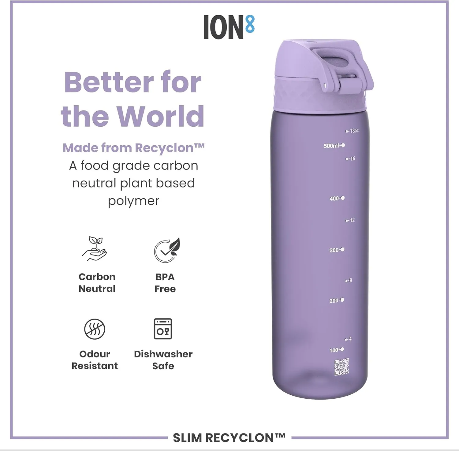 Ion8 Water Bottle, 500 ml/18 oz, Leak Proof, Easy to Open, Secure Lock, Dishwasher Safe, BPA Free, Hygienic Flip Cover, Carry Handle, Fits Cup Holders, Easy Clean, Odor Free, Carbon Neutral