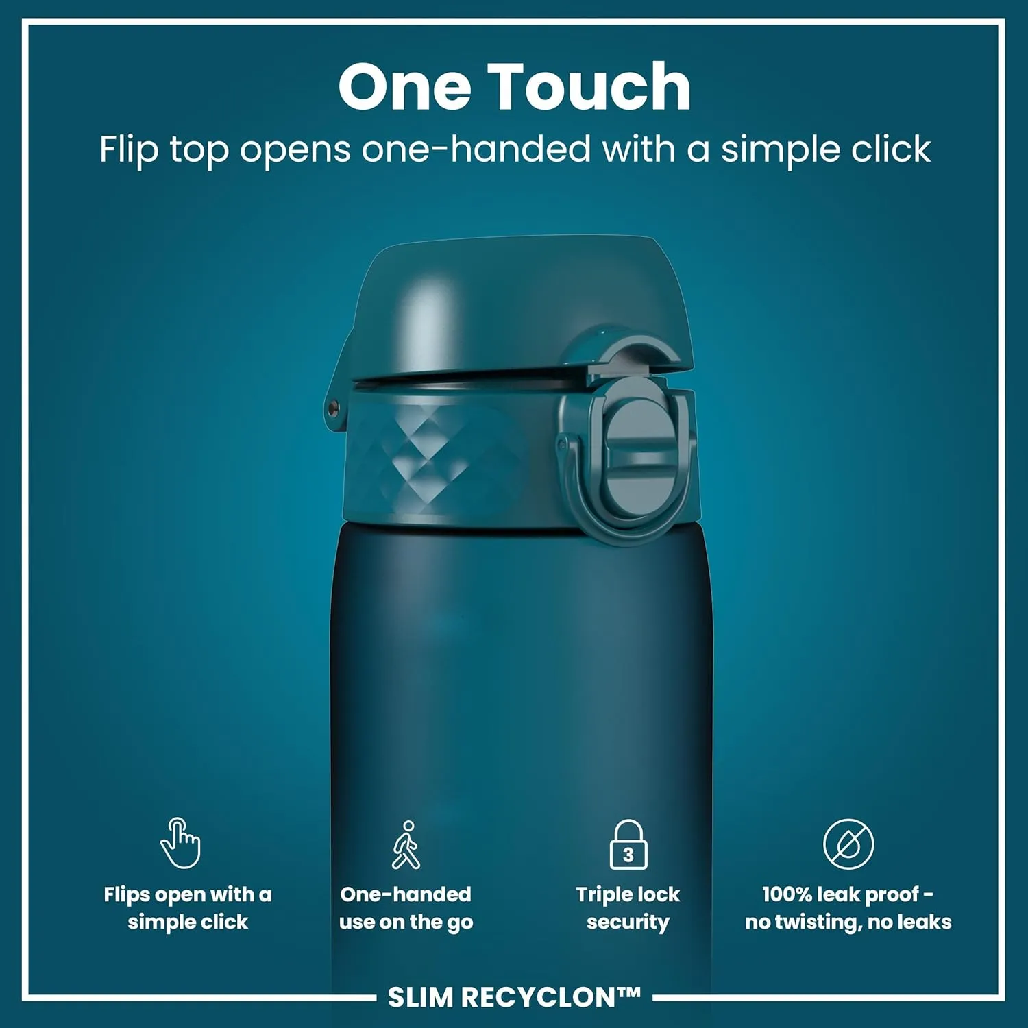 Ion8 Water Bottle, 500 ml/18 oz, Leak Proof, Easy to Open, Secure Lock, Dishwasher Safe, BPA Free, Hygienic Flip Cover, Carry Handle, Fits Cup Holders, Easy Clean, Odor Free, Carbon Neutral