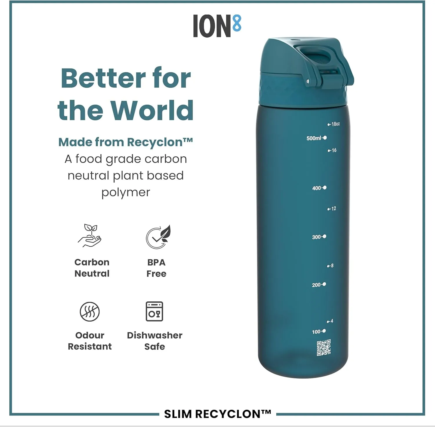 Ion8 Water Bottle, 500 ml/18 oz, Leak Proof, Easy to Open, Secure Lock, Dishwasher Safe, BPA Free, Hygienic Flip Cover, Carry Handle, Fits Cup Holders, Easy Clean, Odor Free, Carbon Neutral