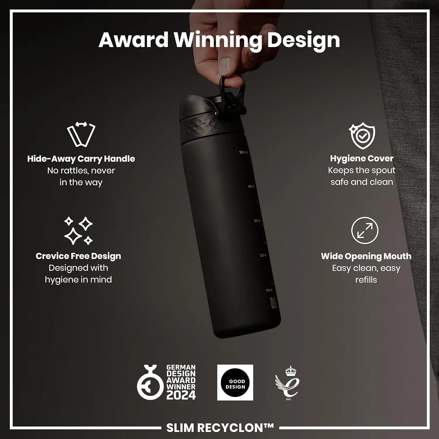 Ion8 Water Bottle, 500 ml/18 oz, Leak Proof, Easy to Open, Secure Lock, Dishwasher Safe, BPA Free, Hygienic Flip Cover, Carry Handle, Fits Cup Holders, Easy Clean, Odor Free, Carbon Neutral
