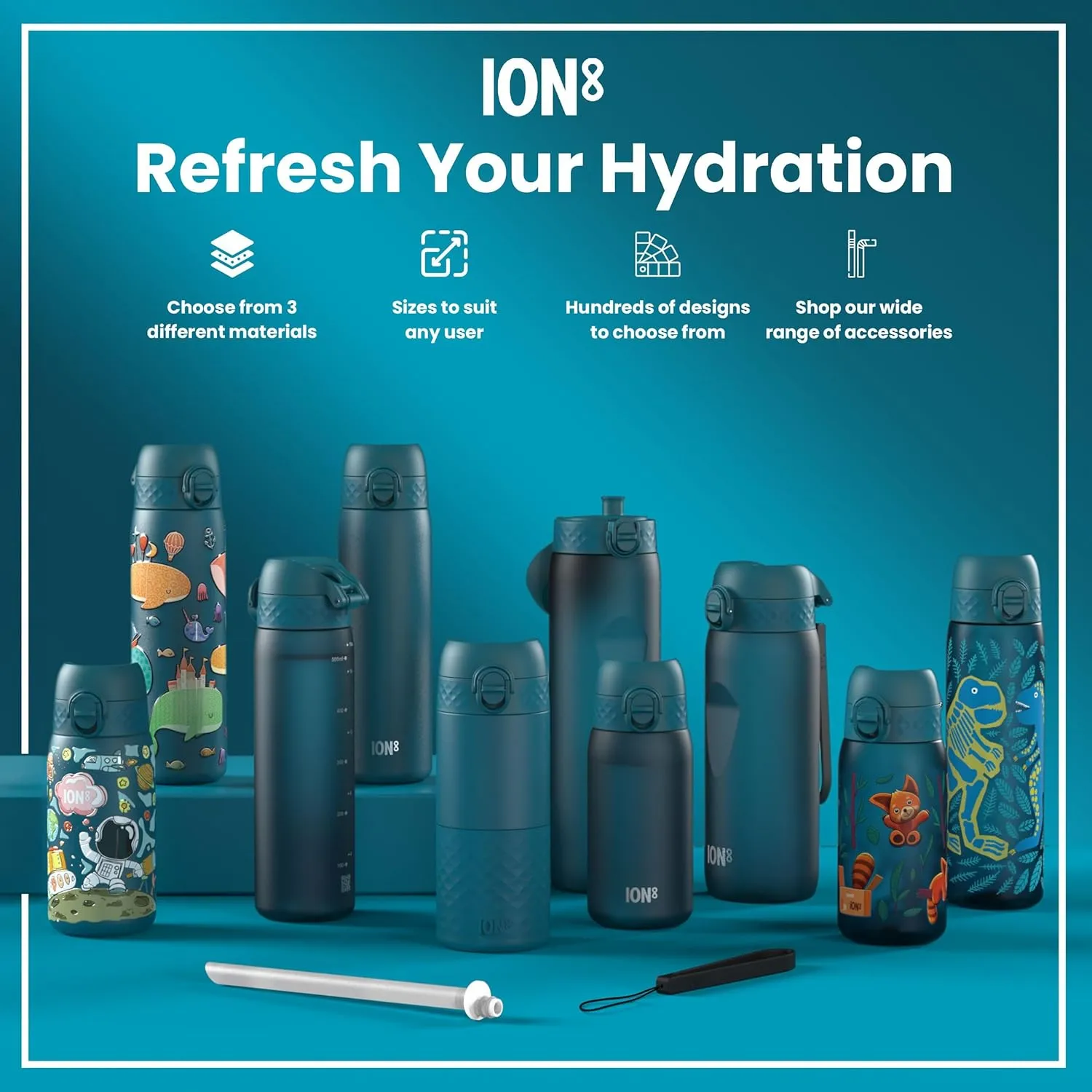 Ion8 Water Bottle, 500 ml/18 oz, Leak Proof, Easy to Open, Secure Lock, Dishwasher Safe, BPA Free, Hygienic Flip Cover, Carry Handle, Fits Cup Holders, Easy Clean, Odor Free, Carbon Neutral
