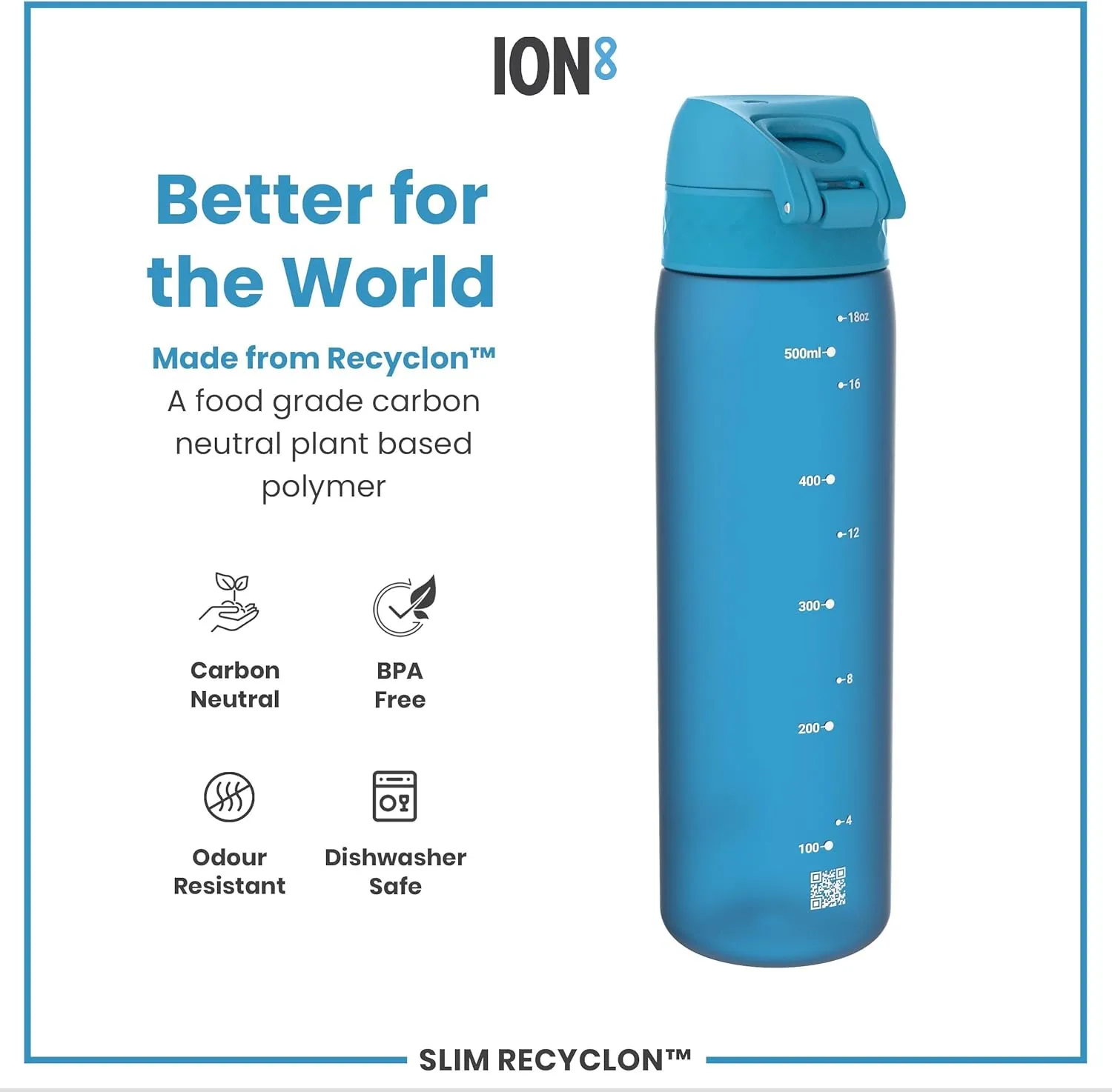 Ion8 Water Bottle, 500 ml/18 oz, Leak Proof, Easy to Open, Secure Lock, Dishwasher Safe, BPA Free, Hygienic Flip Cover, Carry Handle, Fits Cup Holders, Easy Clean, Odor Free, Carbon Neutral