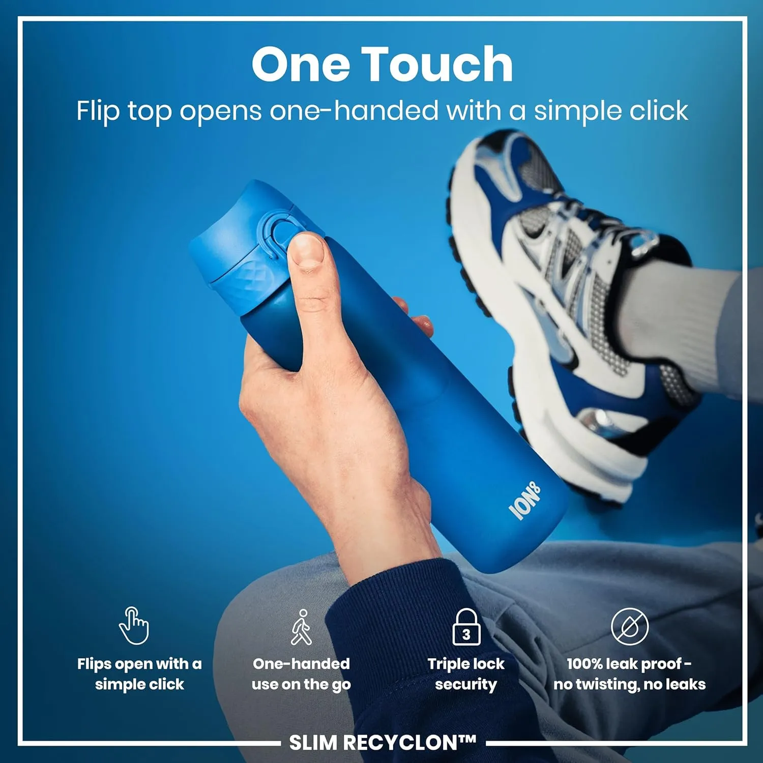 Ion8 Water Bottle, 500 ml/18 oz, Leak Proof, Easy to Open, Secure Lock, Dishwasher Safe, BPA Free, Hygienic Flip Cover, Carry Handle, Fits Cup Holders, Easy Clean, Odor Free, Carbon Neutral