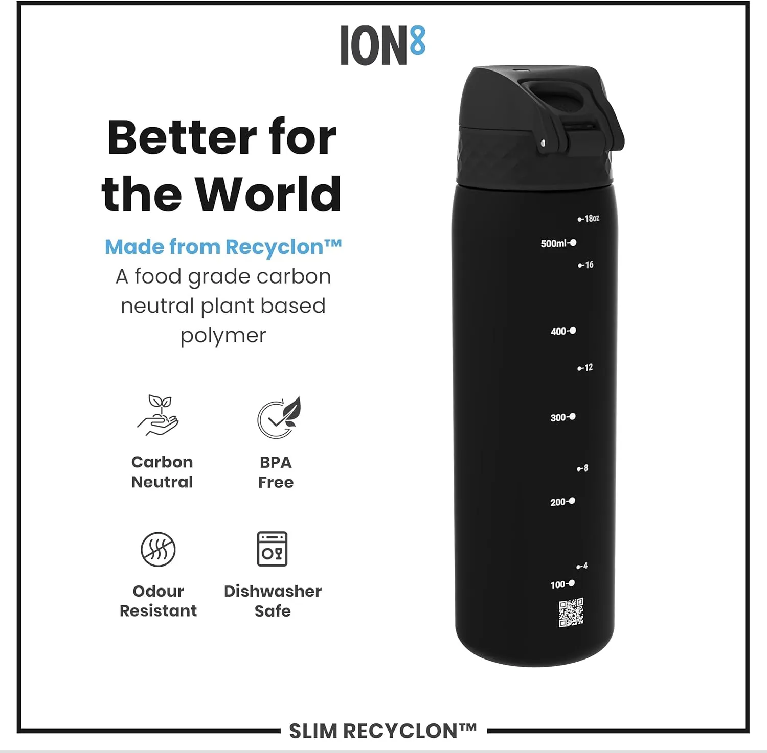 Ion8 Water Bottle, 500 ml/18 oz, Leak Proof, Easy to Open, Secure Lock, Dishwasher Safe, BPA Free, Hygienic Flip Cover, Carry Handle, Fits Cup Holders, Easy Clean, Odor Free, Carbon Neutral