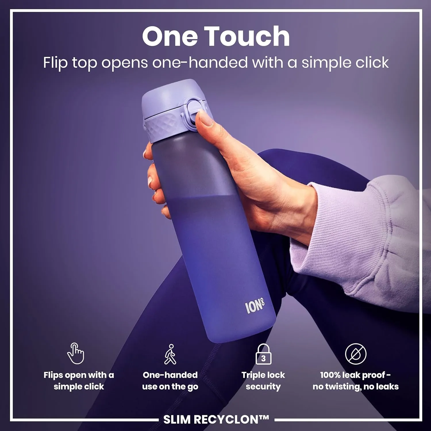 Ion8 Water Bottle, 500 ml/18 oz, Leak Proof, Easy to Open, Secure Lock, Dishwasher Safe, BPA Free, Hygienic Flip Cover, Carry Handle, Fits Cup Holders, Easy Clean, Odor Free, Carbon Neutral
