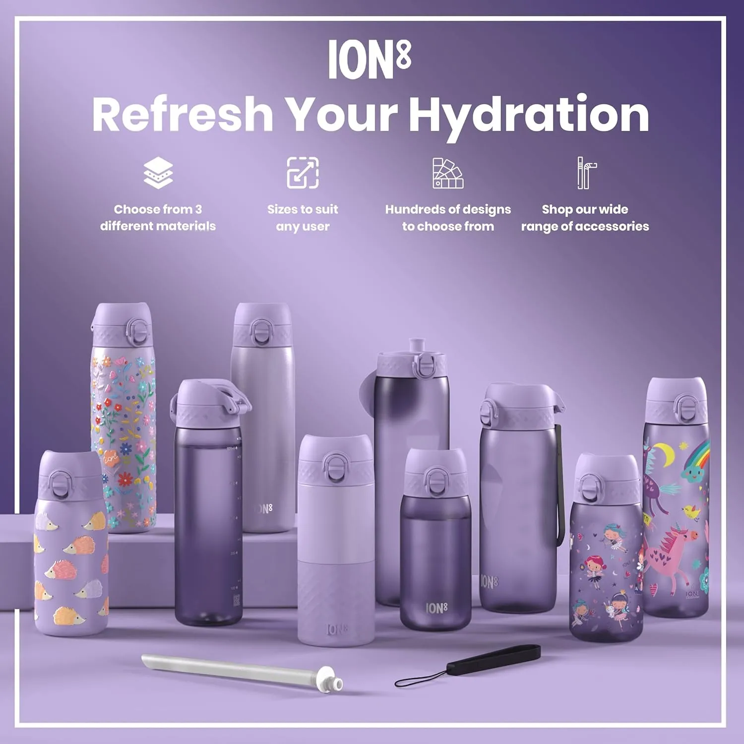 Ion8 Water Bottle, 500 ml/18 oz, Leak Proof, Easy to Open, Secure Lock, Dishwasher Safe, BPA Free, Hygienic Flip Cover, Carry Handle, Fits Cup Holders, Easy Clean, Odor Free, Carbon Neutral