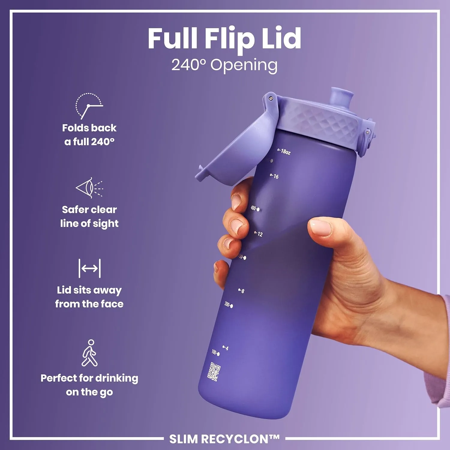 Ion8 Water Bottle, 500 ml/18 oz, Leak Proof, Easy to Open, Secure Lock, Dishwasher Safe, BPA Free, Hygienic Flip Cover, Carry Handle, Fits Cup Holders, Easy Clean, Odor Free, Carbon Neutral