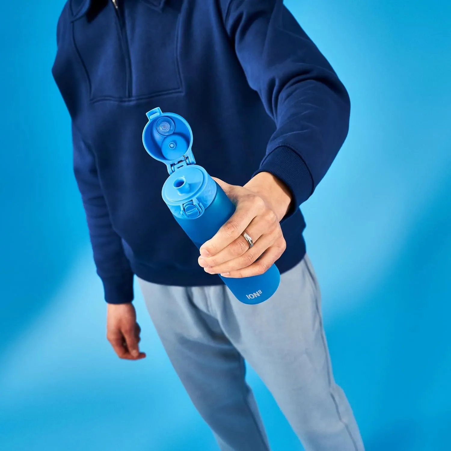 Ion8 Water Bottle, 500 ml/18 oz, Leak Proof, Easy to Open, Secure Lock, Dishwasher Safe, BPA Free, Hygienic Flip Cover, Carry Handle, Fits Cup Holders, Easy Clean, Odor Free, Carbon Neutral