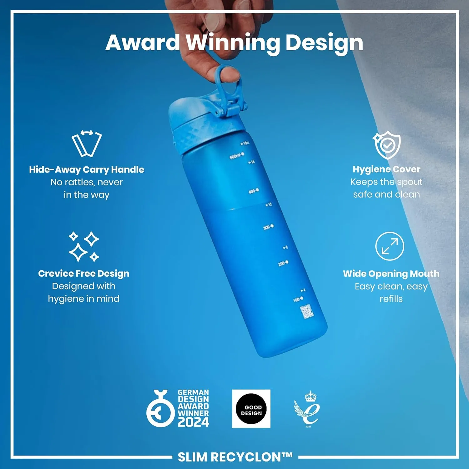 Ion8 Water Bottle, 500 ml/18 oz, Leak Proof, Easy to Open, Secure Lock, Dishwasher Safe, BPA Free, Hygienic Flip Cover, Carry Handle, Fits Cup Holders, Easy Clean, Odor Free, Carbon Neutral