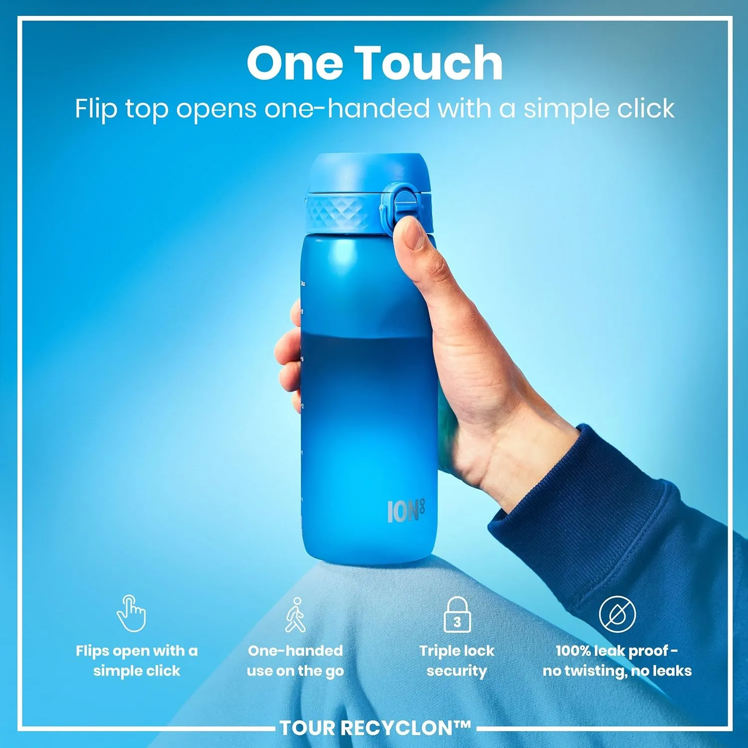 Ion8 Water Bottle, 750 ml/24 oz, Leak Proof, Easy to Open, Secure Lock, Dishwasher Safe, BPA Free, Flip Cover, Carry Handle, Soft Touch Contoured Grip, Easy Clean, Odor Free, Carbon Neutral, Blue