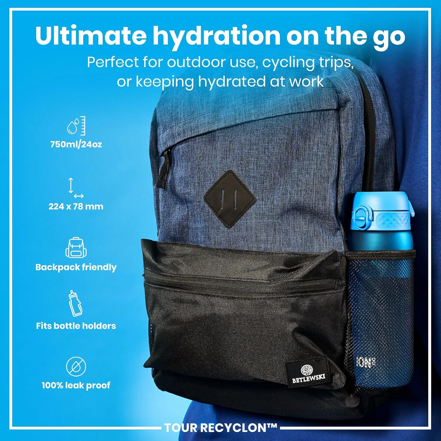 Ion8 Water Bottle, 750 ml/24 oz, Leak Proof, Easy to Open, Secure Lock, Dishwasher Safe, BPA Free, Flip Cover, Carry Handle, Soft Touch Contoured Grip, Easy Clean, Odor Free, Carbon Neutral, Blue