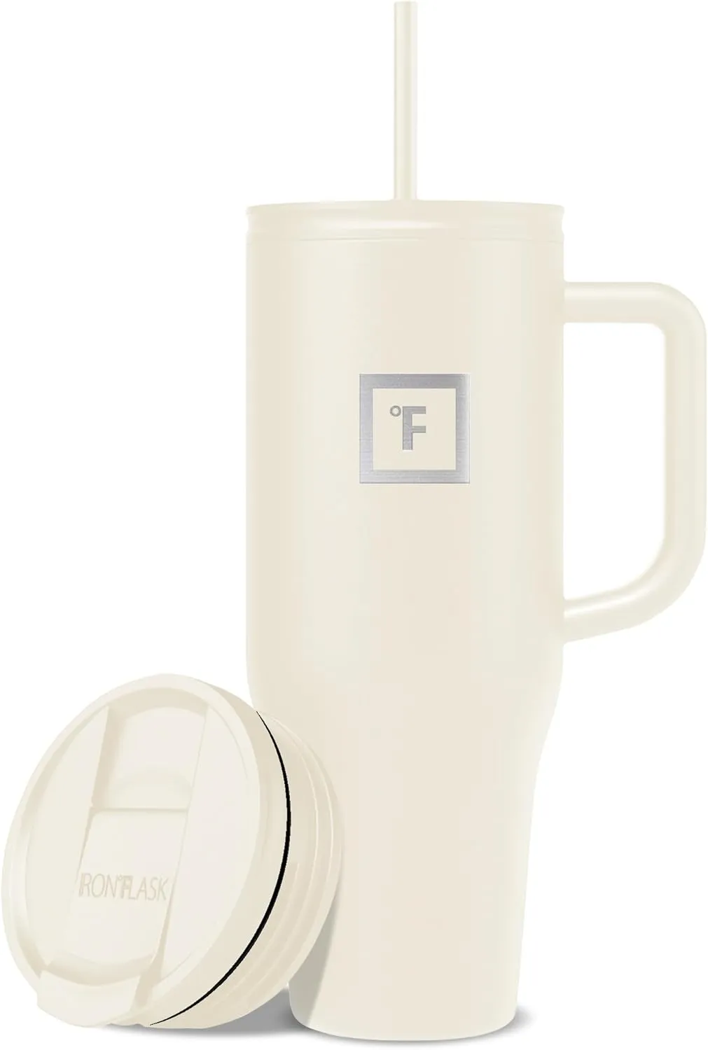 IRON FLASK Co-Pilot Insulated Mug w/Straw & Flip Cap Lids - Cup Holder Bottle for Hot, Cold Drink - Leak-Proof - Water, Coffee Portable Travel Mug - Cashmere Cream, 40 Oz
