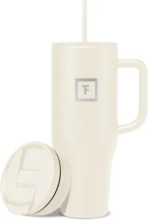 IRON FLASK Co-Pilot Insulated Mug w/Straw & Flip Cap Lids - Cup Holder Bottle for Hot, Cold Drink - Leak-Proof - Water, Coffee Portable Travel Mug - Cashmere Cream, 40 Oz