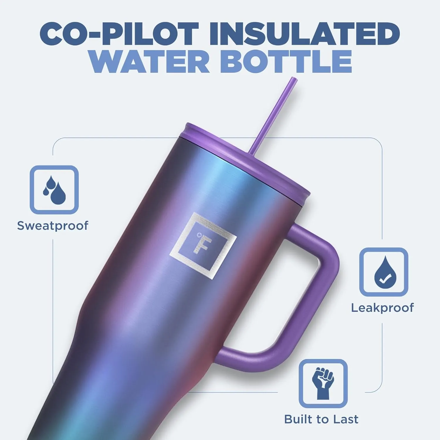 IRON FLASK Co-Pilot Insulated Mug w/Straw & Flip Cap Lids - Cup Holder Bottle for Hot, Cold Drink - Leak-Proof - Water, Coffee Portable Travel Mug - Cobalt Blue, 40 Oz