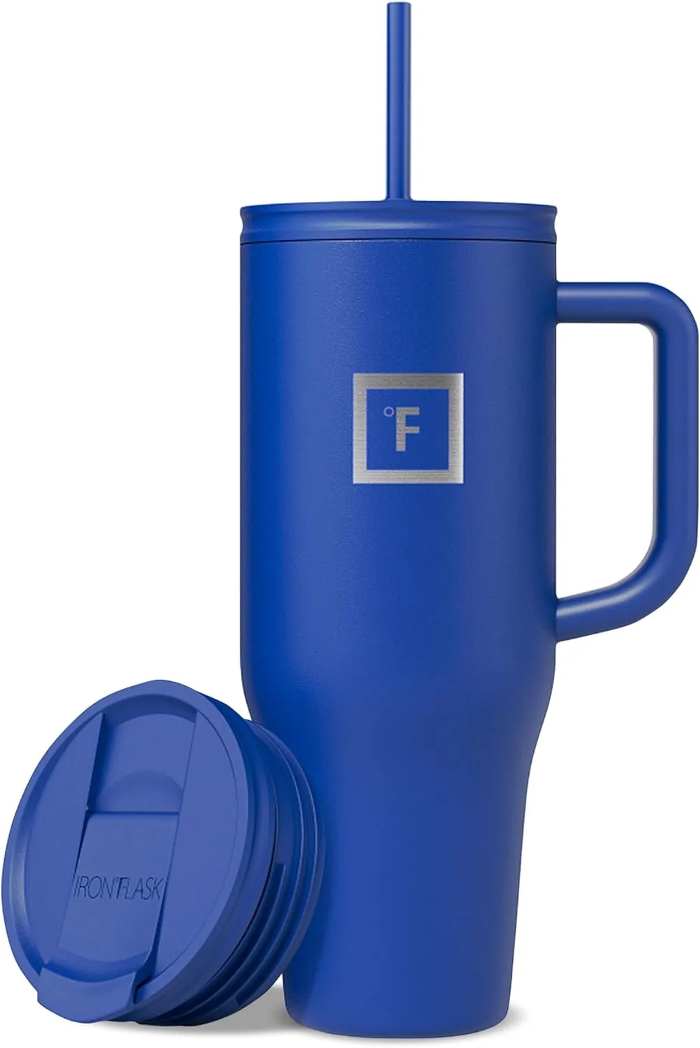 IRON FLASK Co-Pilot Insulated Mug w/Straw & Flip Cap Lids - Cup Holder Bottle for Hot, Cold Drink - Leak-Proof - Water, Coffee Portable Travel Mug - Cobalt Blue, 40 Oz