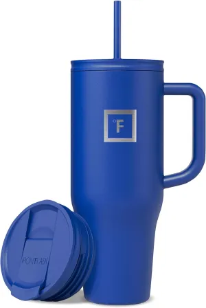IRON FLASK Co-Pilot Insulated Mug w/Straw & Flip Cap Lids - Cup Holder Bottle for Hot, Cold Drink - Leak-Proof - Water, Coffee Portable Travel Mug - Cobalt Blue, 40 Oz