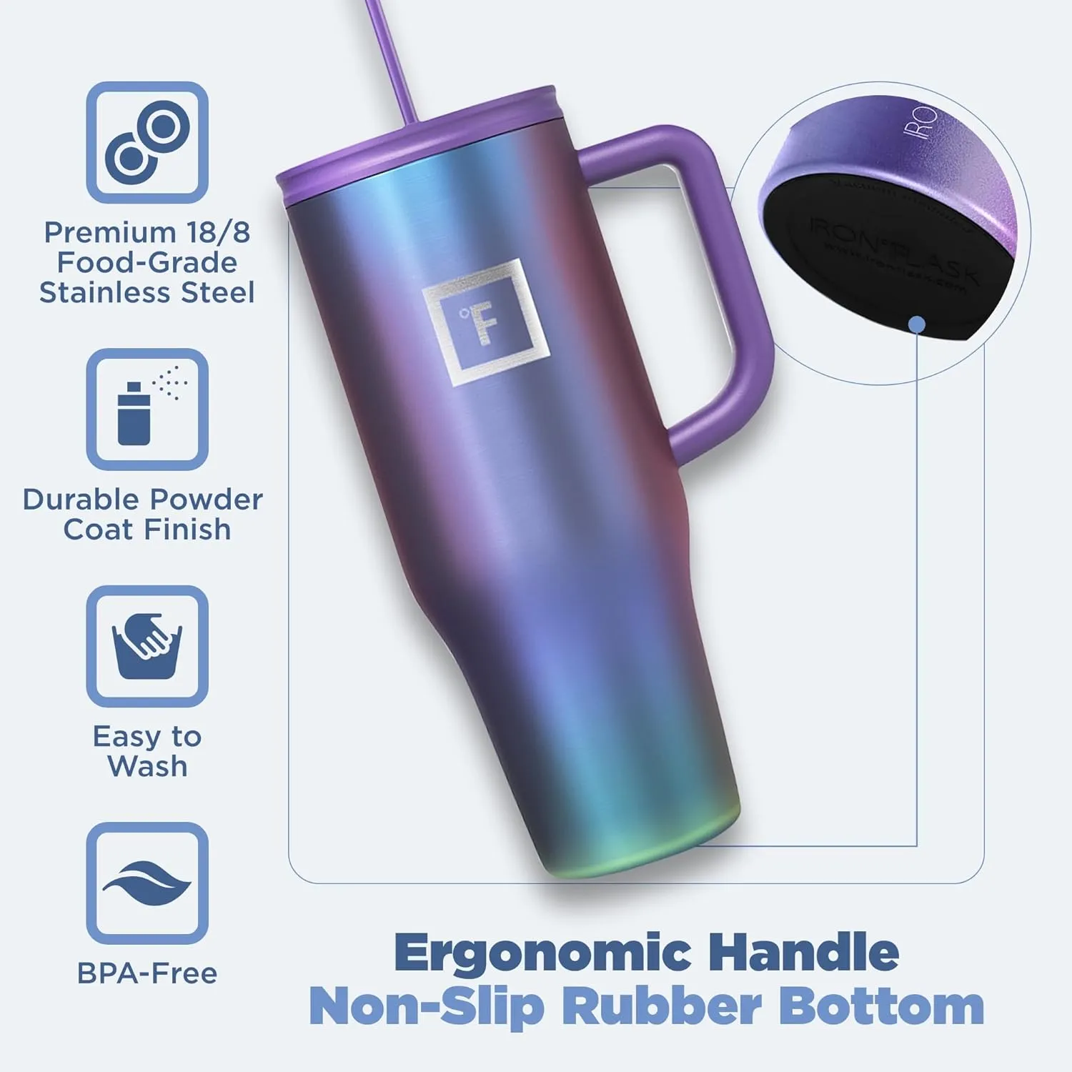 IRON FLASK Co-Pilot Insulated Mug w/Straw & Flip Cap Lids - Cup Holder Bottle for Hot, Cold Drink - Leak-Proof - Water, Coffee Portable Travel Mug - Cobalt Blue, 40 Oz