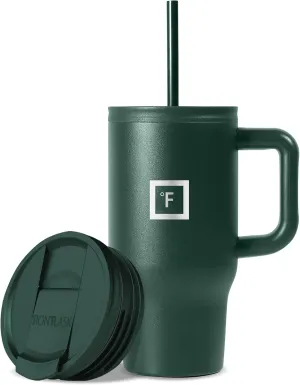 IRON °FLASK Co-Pilot Insulated Mug w/Straw & Flip Cap Lids - Cup Holder Bottle for Hot, Cold Drink - Leak-Proof - Water, Coffee Portable Travel Mug - Dark Pine, 16 Oz