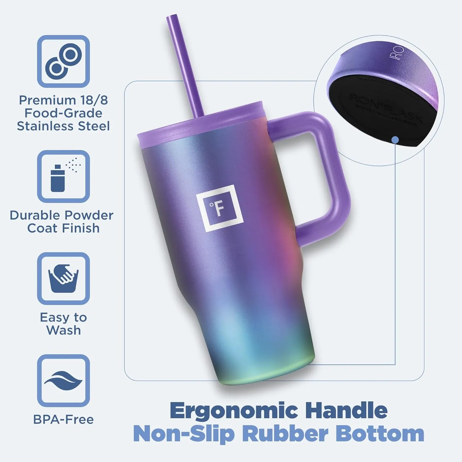 IRON °FLASK Co-Pilot Insulated Mug w/Straw & Flip Cap Lids - Cup Holder Bottle for Hot, Cold Drink - Leak-Proof - Water, Coffee Portable Travel Mug - Elemental Gray, 16 Oz