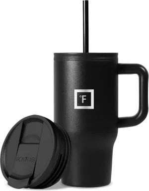 IRON FLASK Co-Pilot Insulated Mug w/Straw & Flip Cap Lids - Cup Holder Bottle for Hot, Cold Drink - Leak-Proof - Water, Coffee Portable Travel Mug - Midnight Black, 16 Oz