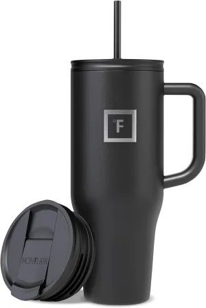 IRON FLASK Co-Pilot Insulated Mug w/Straw & Flip Cap Lids - Cup Holder Bottle for Hot, Cold Drink - Leak-Proof - Water, Coffee Portable Travel Mug - Midnight Black, 40 Oz