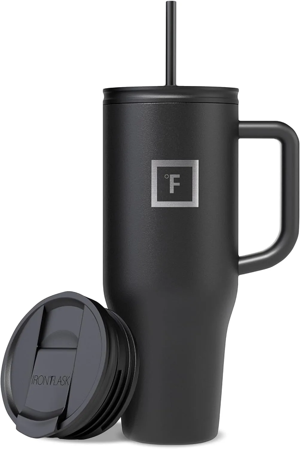 IRON FLASK Co-Pilot Insulated Mug w/Straw & Flip Cap Lids - Cup Holder Bottle for Hot, Cold Drink - Leak-Proof - Water, Coffee Portable Travel Mug - Midnight Black, 40 Oz