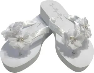Ivory White Wedge Flip Flops Wedding Bridal Wedge Bride Platform Heel Flower Satin Shoes Sandals Beach