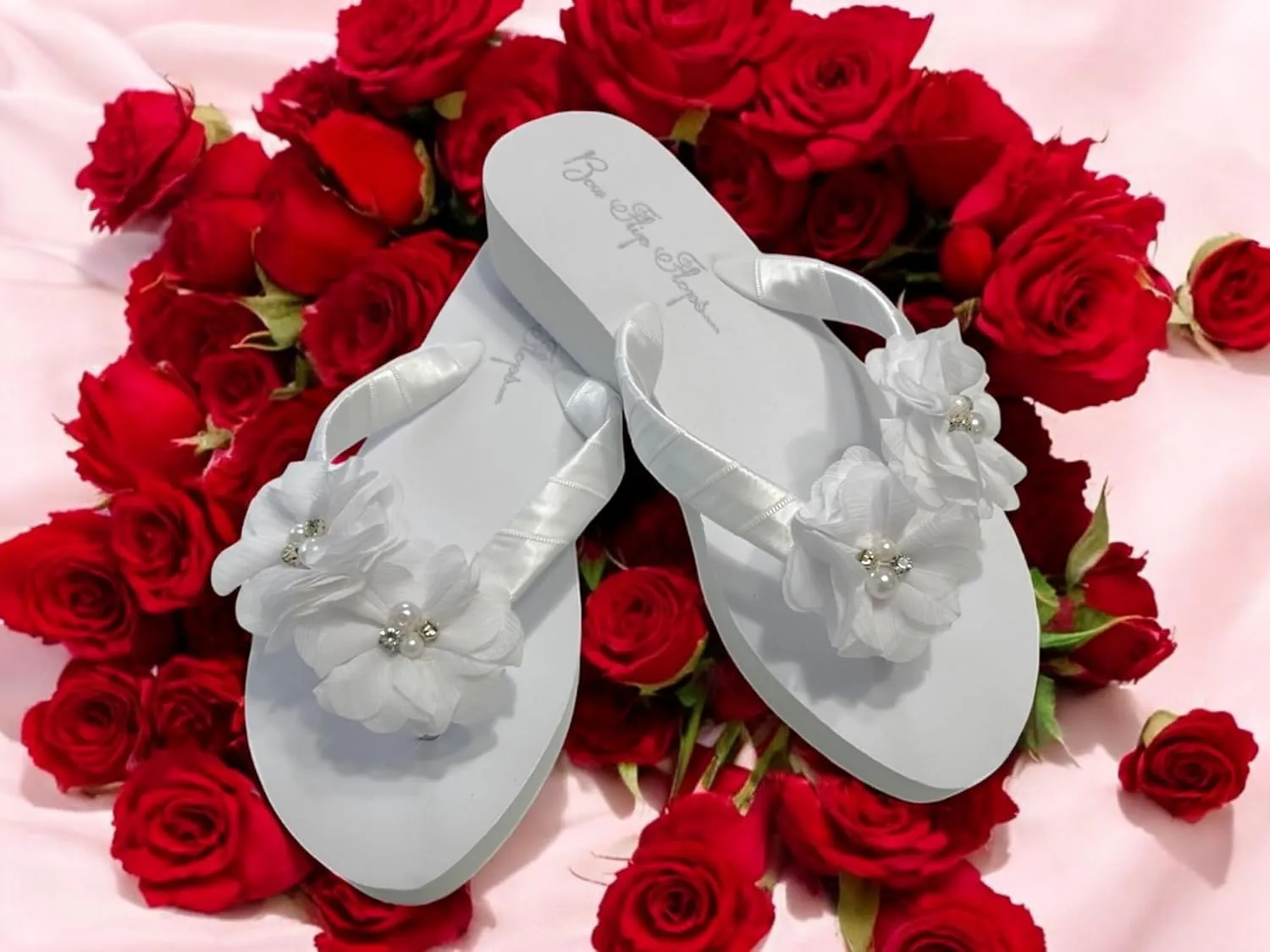 Ivory White Wedge Flip Flops Wedding Bridal Wedge Bride Platform Heel Flower Satin Shoes Sandals Beach