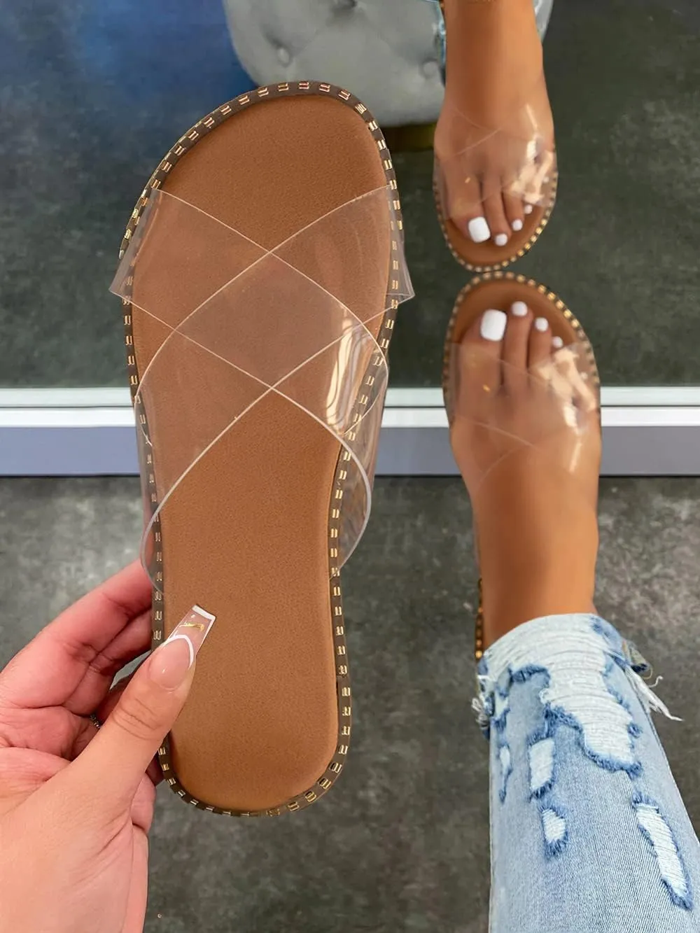 Jeimpoey Womens Studded Flat Sandals Open Toe Slip on Mule Slides Crossed Strap Slipper