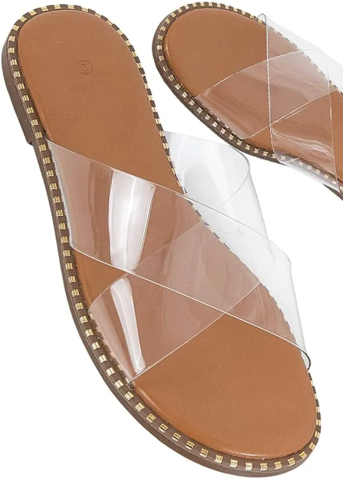 Jeimpoey Womens Studded Flat Sandals Open Toe Slip on Mule Slides Crossed Strap Slipper