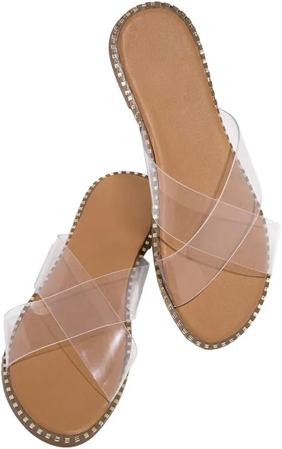 Jeimpoey Womens Studded Flat Sandals Open Toe Slip on Mule Slides Crossed Strap Slipper