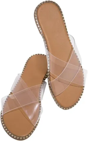Jeimpoey Womens Studded Flat Sandals Open Toe Slip on Mule Slides Crossed Strap Slipper