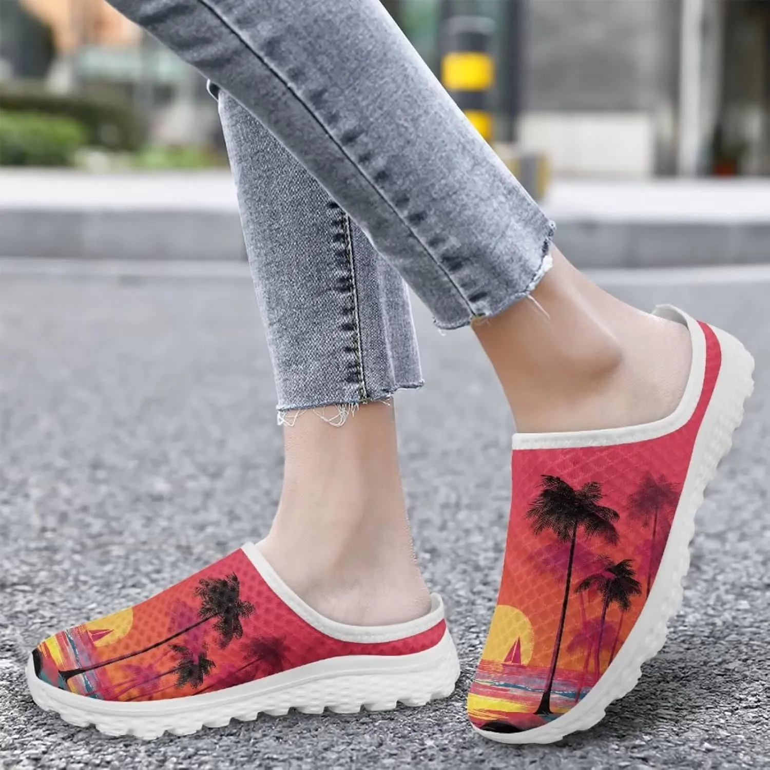 JoyLamoria Flower Pattern House Womens Shoes Mule Breathable Walking Mesh Clog Sneakers Casual