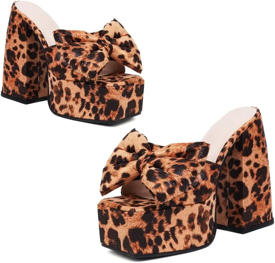 keleimusi Towel Bow Platform Slide Sandals Block Heeled Mules for Women