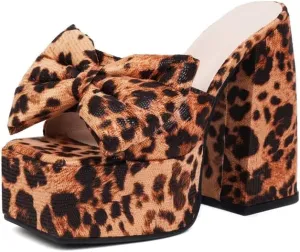 keleimusi Towel Bow Platform Slide Sandals Block Heeled Mules for Women