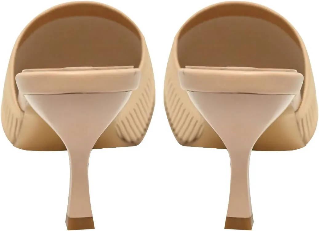 Kitten Heels for Women - Square Open Toe Heeled Mules - Elastic Knit Low Heels - Dressy Sandals - Chain Comfortable Slip on Casual Mule Sandals - Black, Nude, Pink