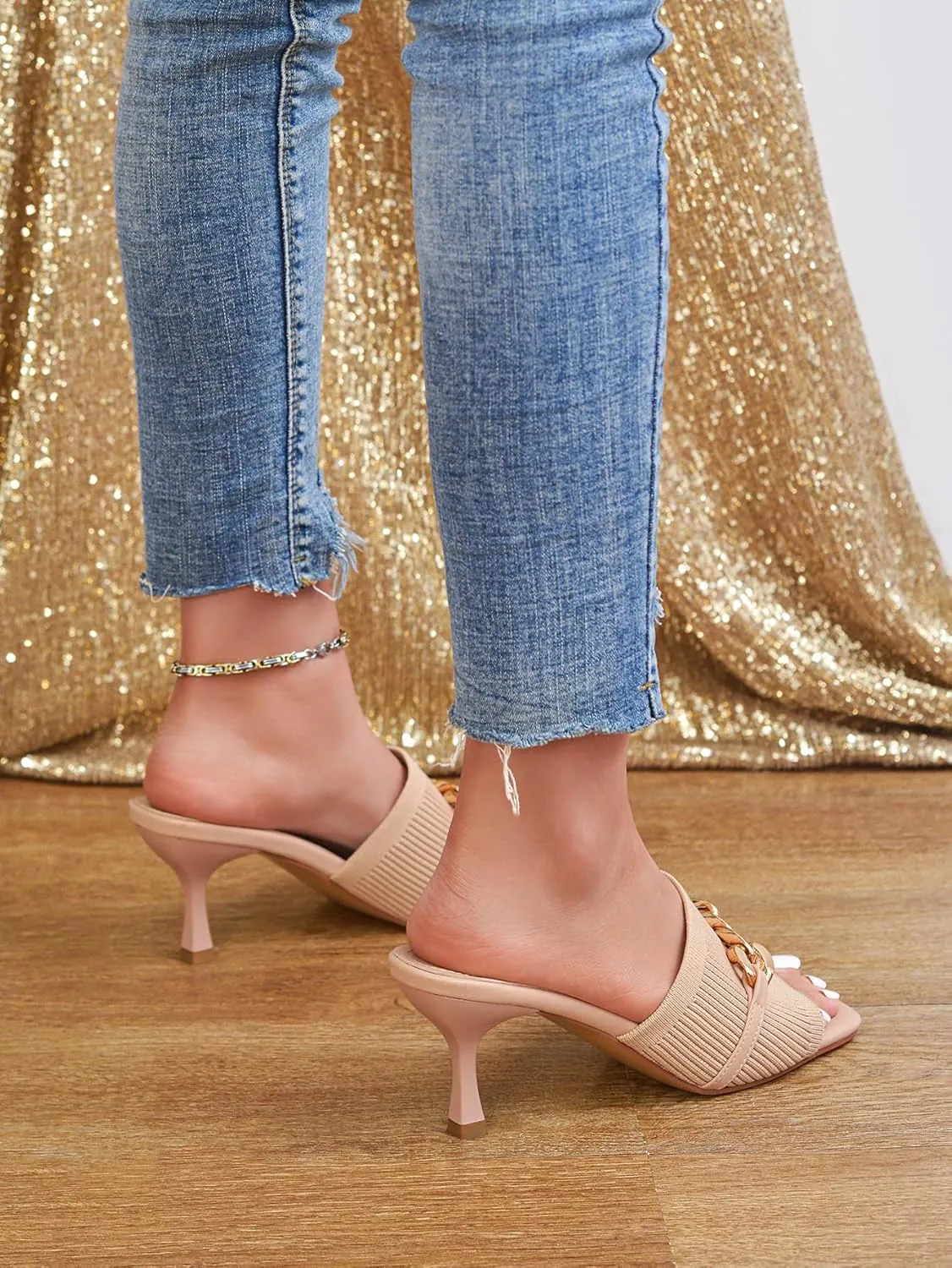 Kitten Heels for Women - Square Open Toe Heeled Mules - Elastic Knit Low Heels - Dressy Sandals - Chain Comfortable Slip on Casual Mule Sandals - Black, Nude, Pink