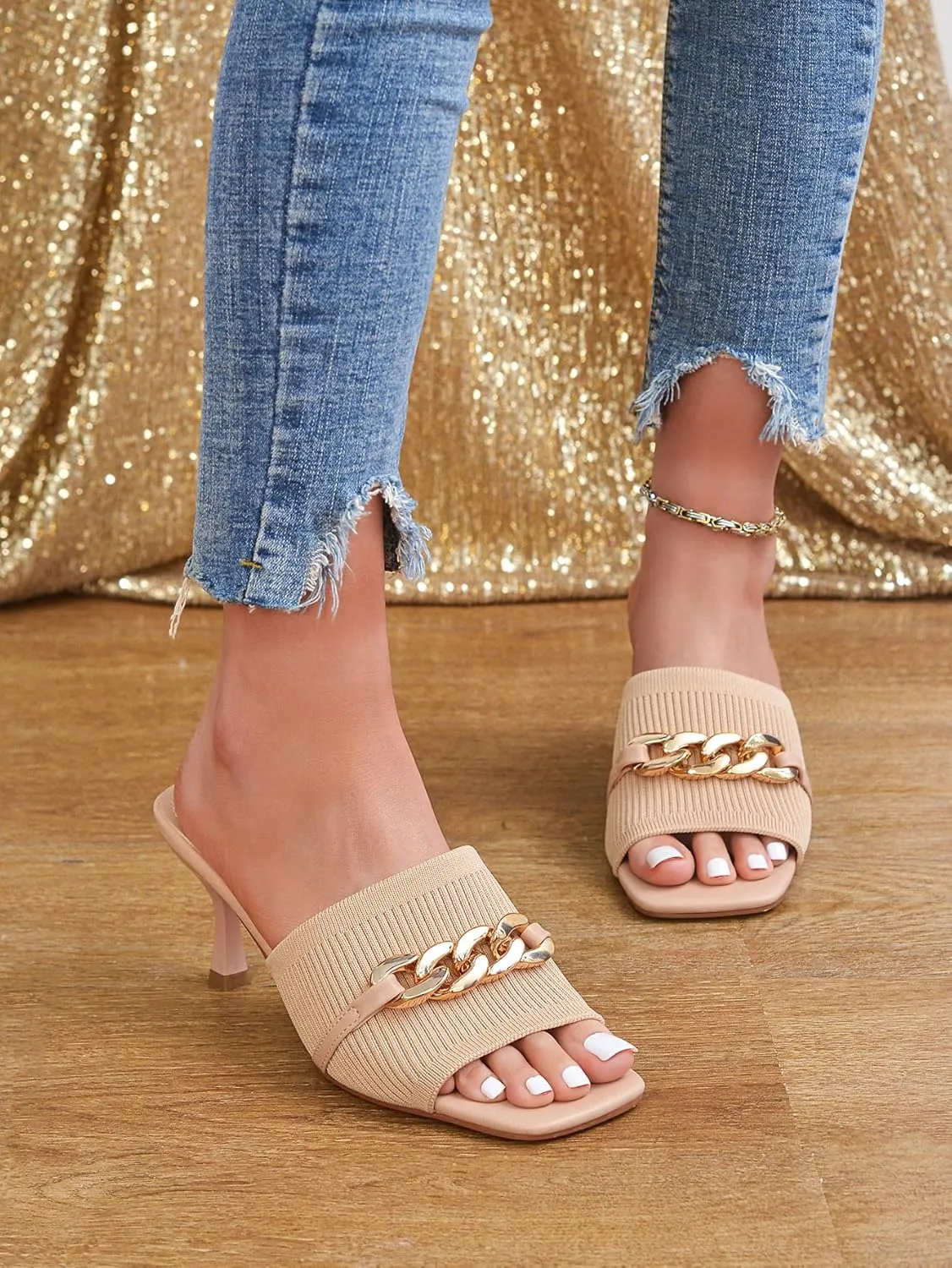 Kitten Heels for Women - Square Open Toe Heeled Mules - Elastic Knit Low Heels - Dressy Sandals - Chain Comfortable Slip on Casual Mule Sandals - Black, Nude, Pink