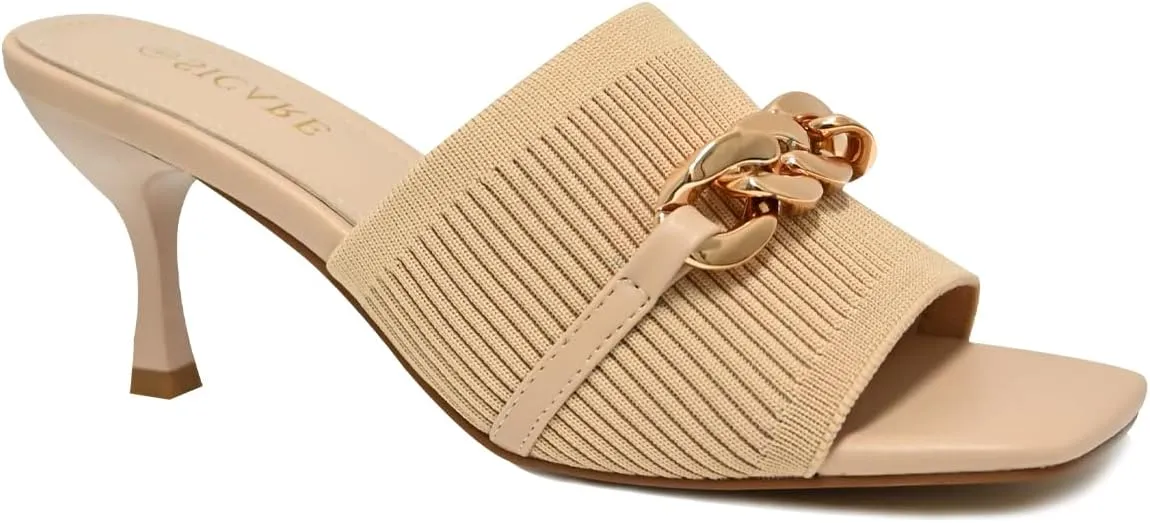 Kitten Heels for Women - Square Open Toe Heeled Mules - Elastic Knit Low Heels - Dressy Sandals - Chain Comfortable Slip on Casual Mule Sandals - Black, Nude, Pink