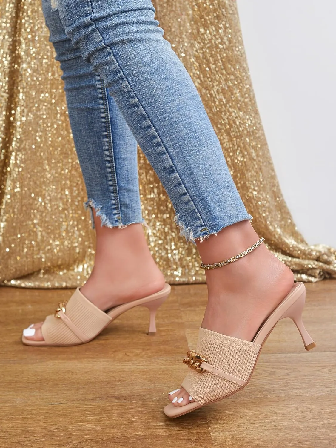 Kitten Heels for Women - Square Open Toe Heeled Mules - Elastic Knit Low Heels - Dressy Sandals - Chain Comfortable Slip on Casual Mule Sandals - Black, Nude, Pink