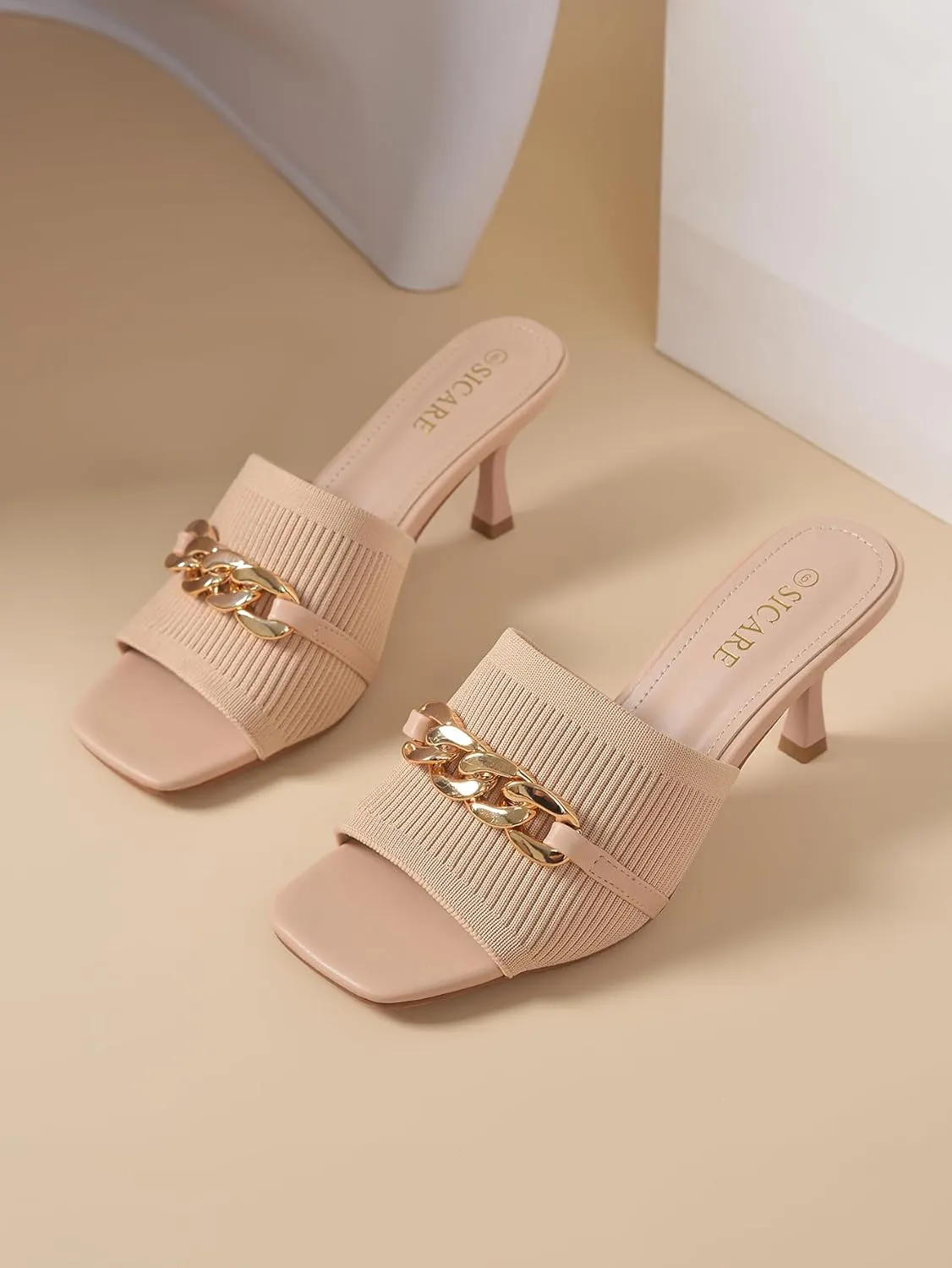Kitten Heels for Women - Square Open Toe Heeled Mules - Elastic Knit Low Heels - Dressy Sandals - Chain Comfortable Slip on Casual Mule Sandals - Black, Nude, Pink