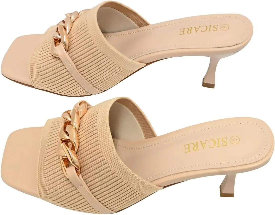 Kitten Heels for Women - Square Open Toe Heeled Mules - Elastic Knit Low Heels - Dressy Sandals - Chain Comfortable Slip on Casual Mule Sandals - Black, Nude, Pink