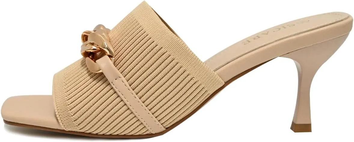 Kitten Heels for Women - Square Open Toe Heeled Mules - Elastic Knit Low Heels - Dressy Sandals - Chain Comfortable Slip on Casual Mule Sandals - Black, Nude, Pink