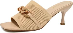 Kitten Heels for Women - Square Open Toe Heeled Mules - Elastic Knit Low Heels - Dressy Sandals - Chain Comfortable Slip on Casual Mule Sandals - Black, Nude, Pink
