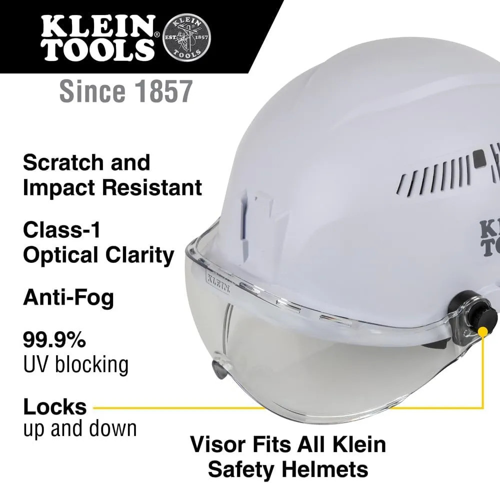 Klein Tools VISORCLR Clear Visor for Hard Hat and Safety Helmet, Low Profile, Impact Rated, Anti Fog, Scratch Resistant, Flip-Up, UV Protection