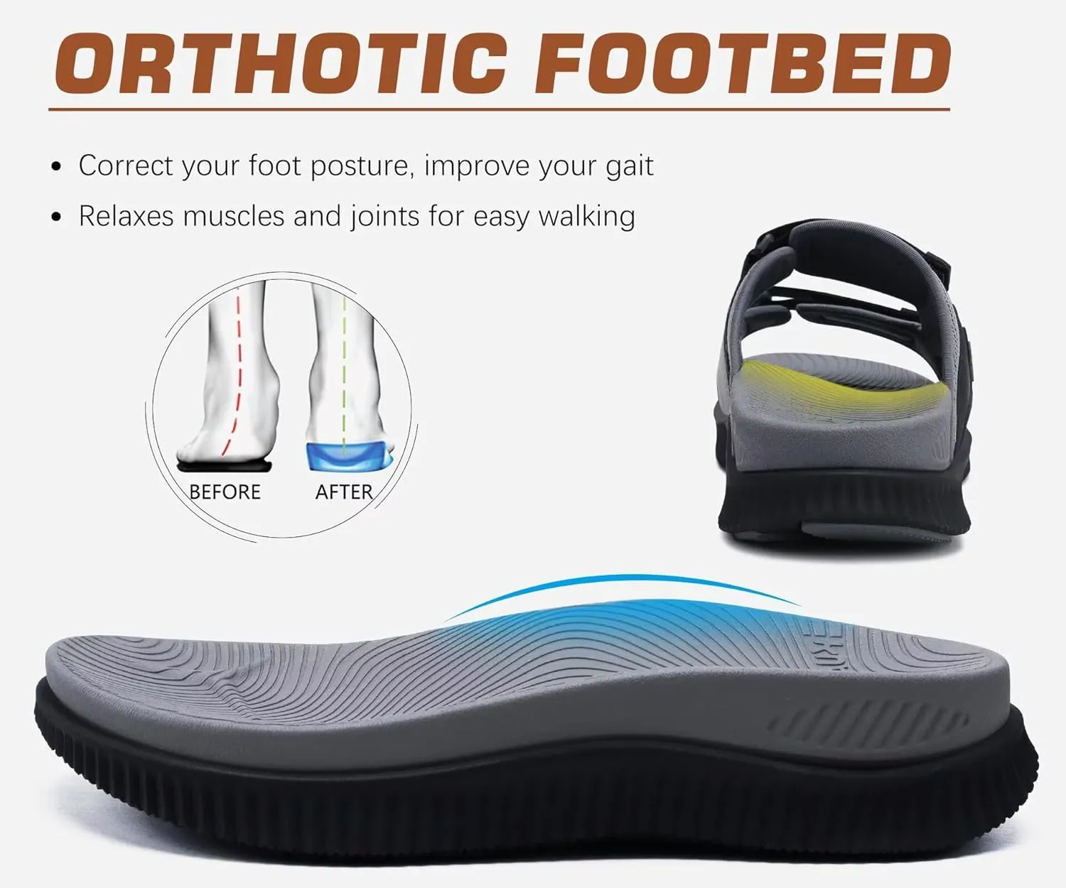 KuaiLu Mens Orthotic Sandals Athletic Thick Cushion Recovery Sport Slides Adjustable Strap Open Toe Walking Sandles With Comfortable Plantar Fasciitis Arch Support