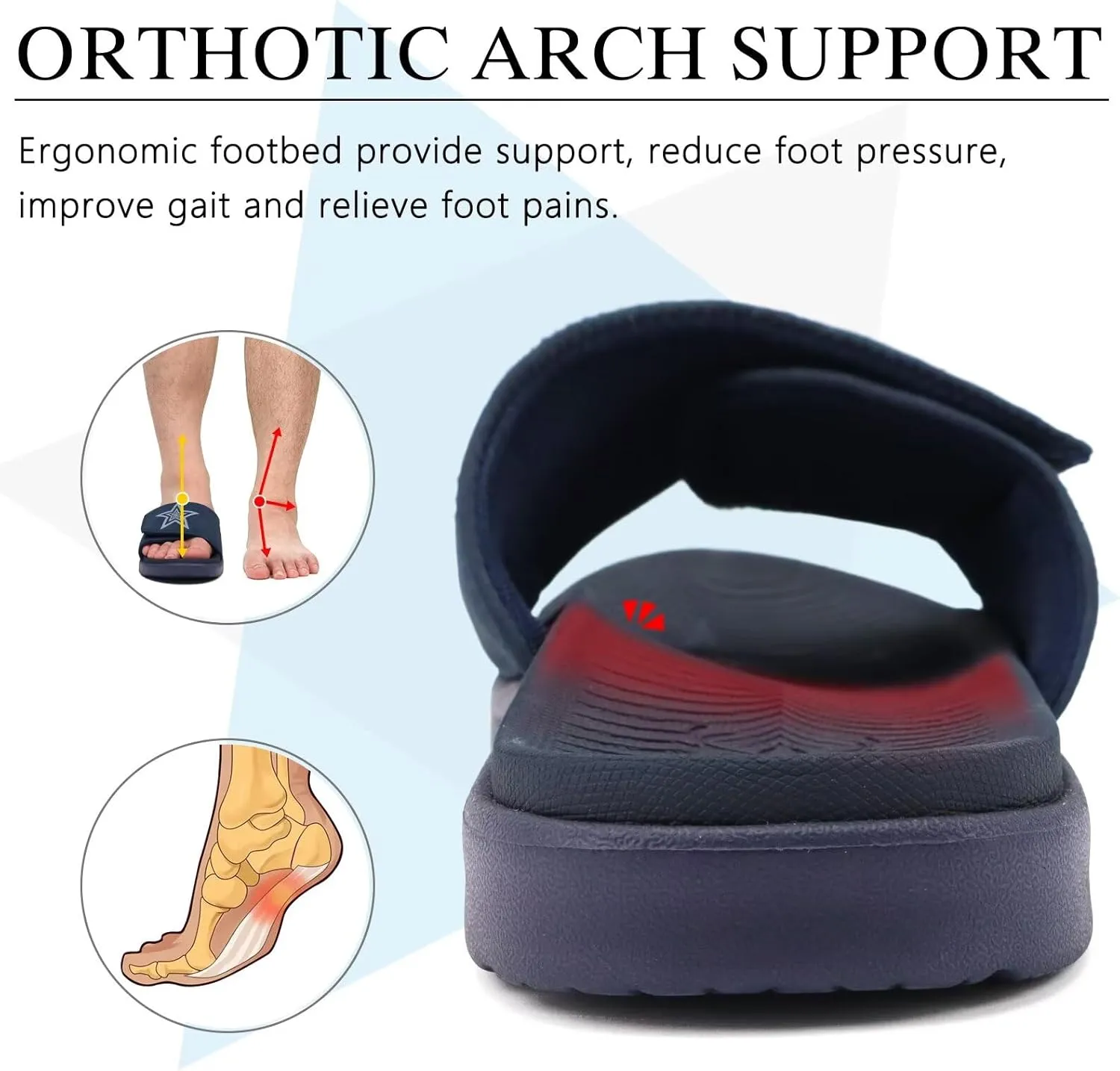 KuaiLu Mens Slides Soft Cushion Sport Sandals with Plantar Fasciitis Arch Support Adjustable Open Toe Summer Slippers Slip on Indoor Outdoor Size 7-15