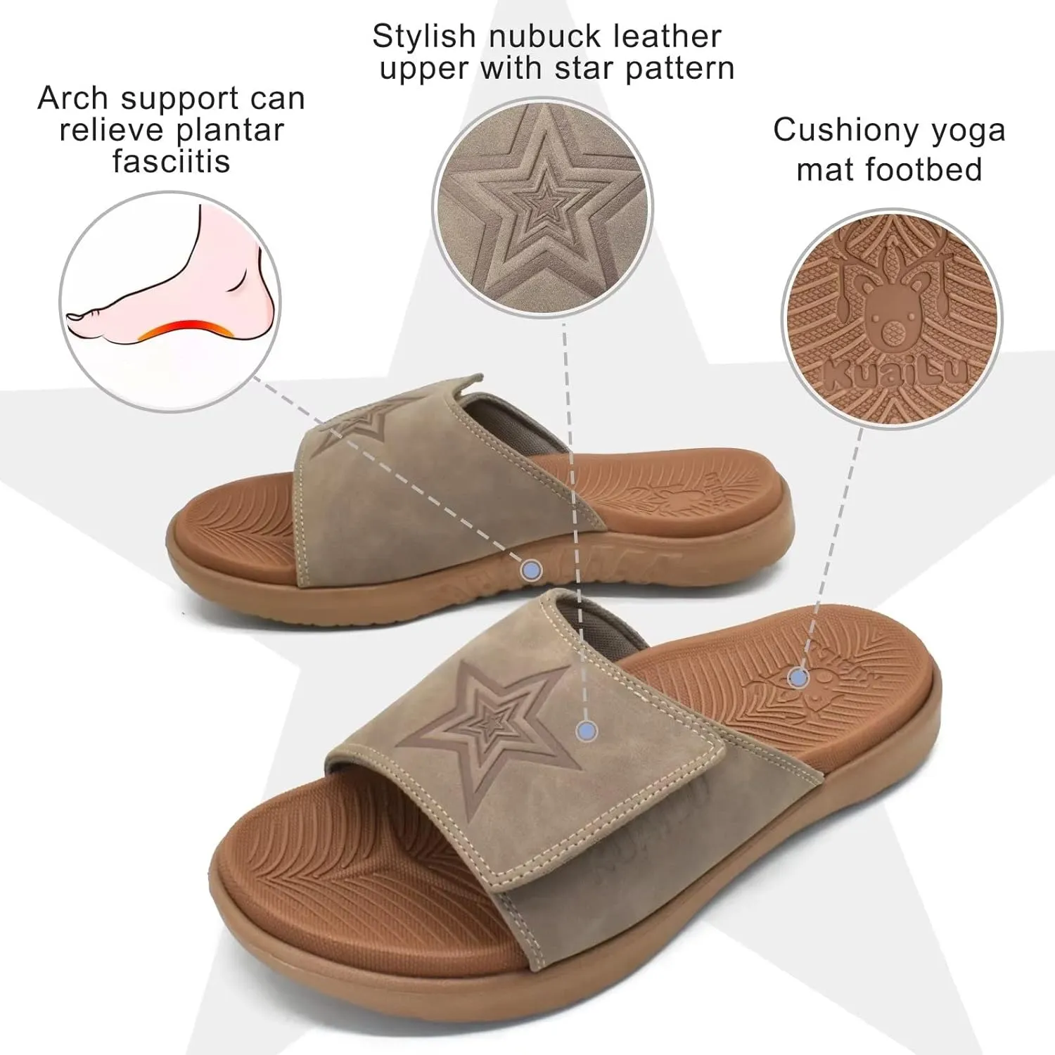 KuaiLu Mens Slides Soft Cushion Sport Sandals with Plantar Fasciitis Arch Support Adjustable Open Toe Summer Slippers Slip on Indoor Outdoor Size 7-15