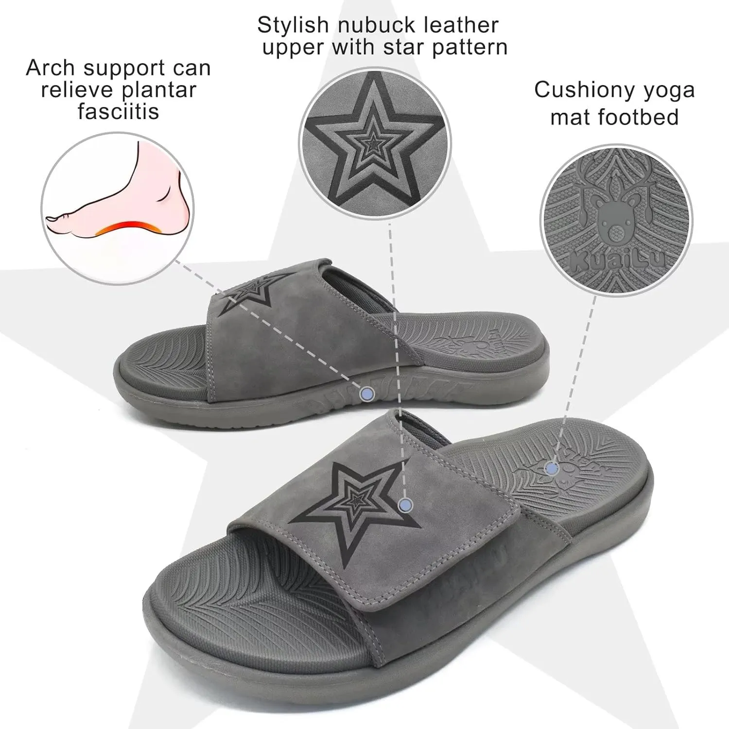 KuaiLu Mens Slides Soft Cushion Sport Sandals with Plantar Fasciitis Arch Support Adjustable Open Toe Summer Slippers Slip on Indoor Outdoor Size 7-15