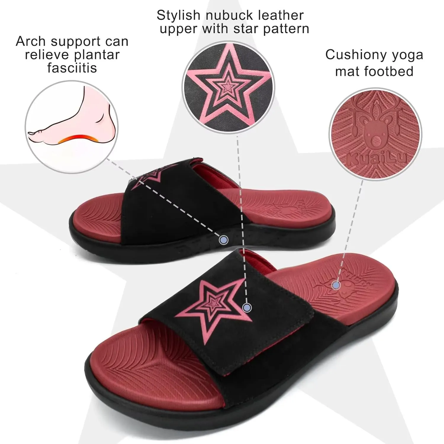 KuaiLu Mens Slides Soft Cushion Sport Sandals with Plantar Fasciitis Arch Support Adjustable Open Toe Summer Slippers Slip on Indoor Outdoor Size 7-15